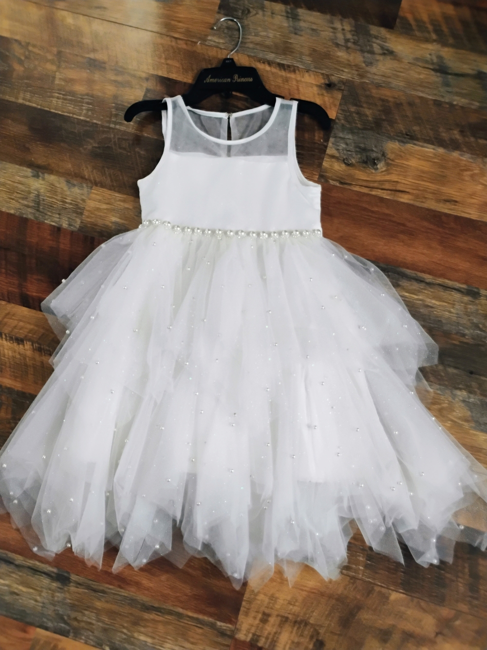 American Princess White Tulle Pearl-Embellished Formal Dress 6x/7